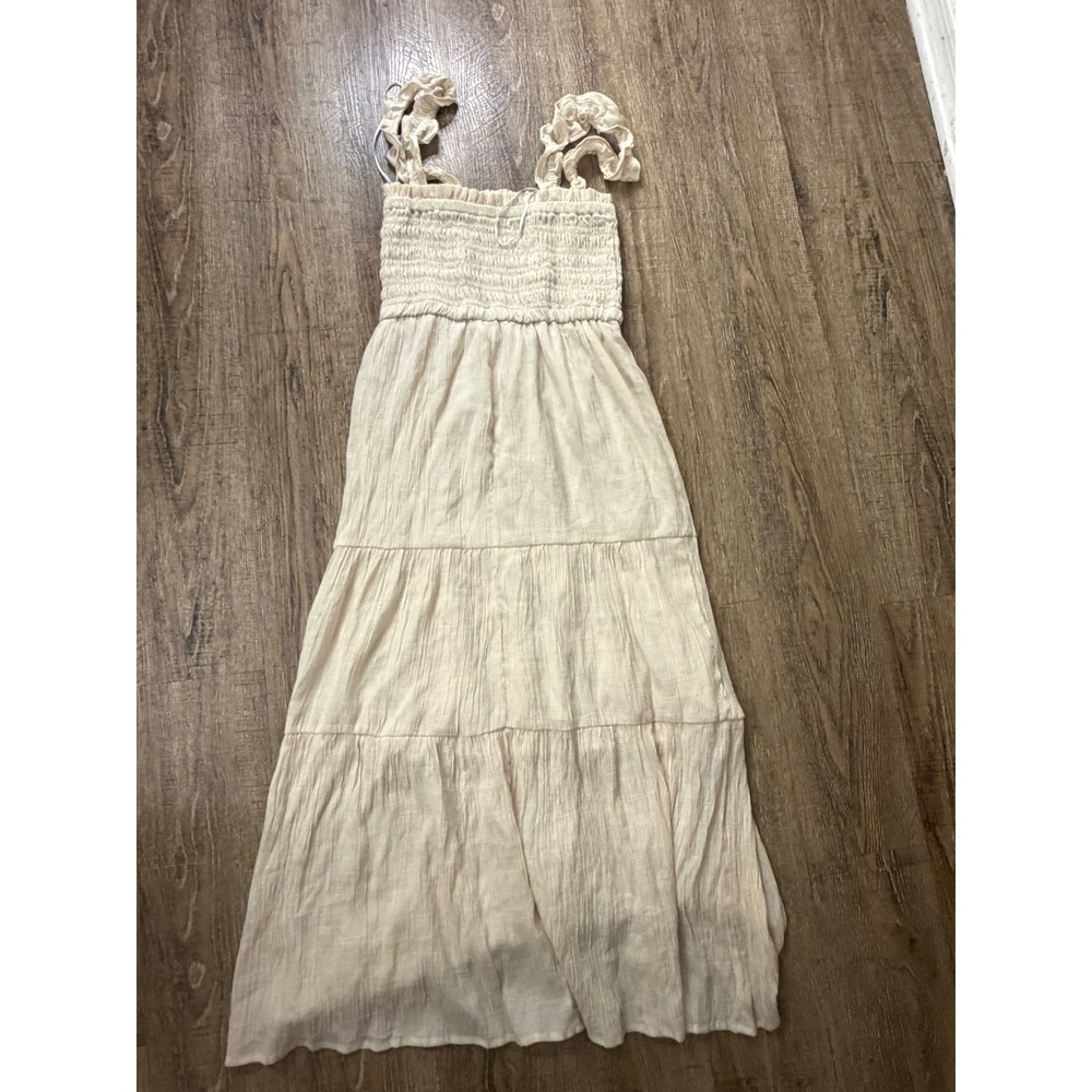 Love Tree Smocked Tiered Maxi Dress Small Cream Rayon Blend Sleeveless Boho